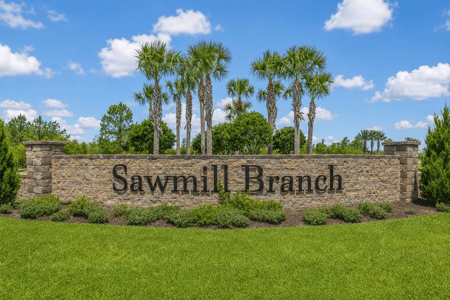 Entrance to the Sawmill Branch community in Palm Coast, FL, featuring signage and landscaping (Image 1). Entrance to the Sawmill Branch community in Palm Coast, FL, featuring signage and landscaping (Image 1).