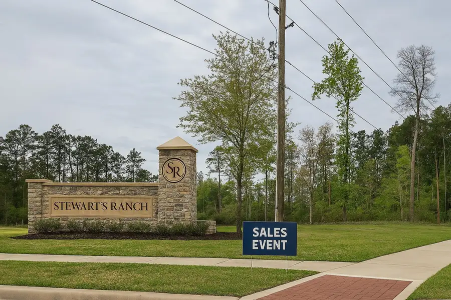 Stewart's Ranch by Meritage Homes in Conroe, TX, features a welcoming stone entrance amid lush greenery.