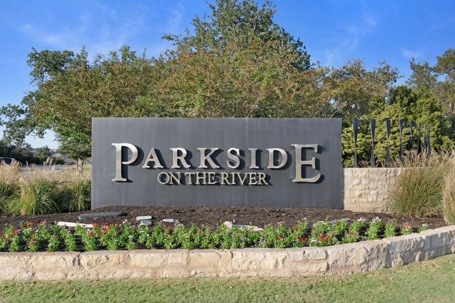 Entrance to the Parkside on the River community in Georgetown, TX, featuring signage and landscaping (Image 2).