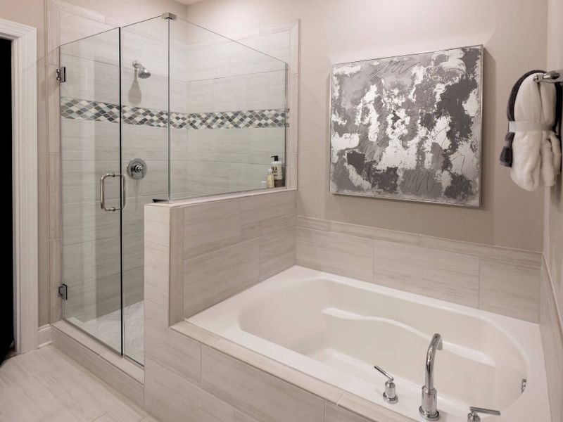The luxurious primary bathroom features a large walk-in shower and bath.