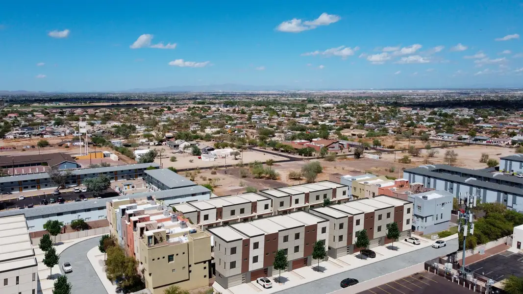 Aerial view of the Lofts Townhomes community in Phoenix, AZ, showing layout and nearby surroundings (Image 5).