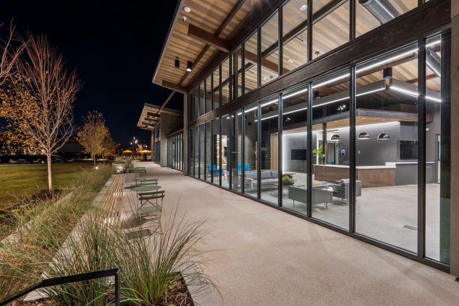 Side view of the Mosaic Amenity Center in Celina, Texas at Night