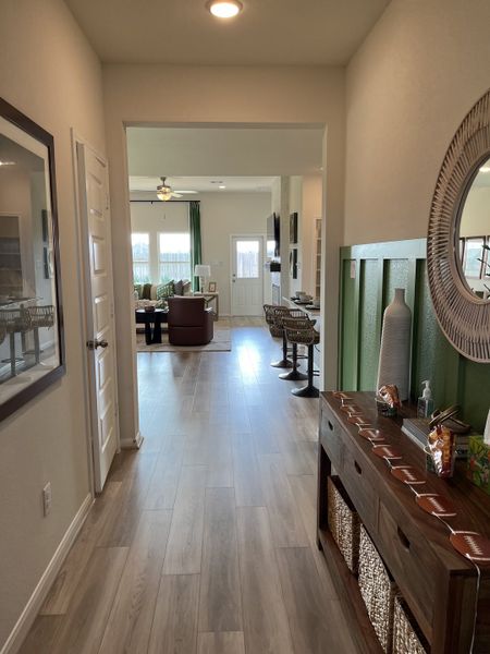 A welcoming hallway with wood floors, modern decor, and a view into a cozy living area with ample natural light.