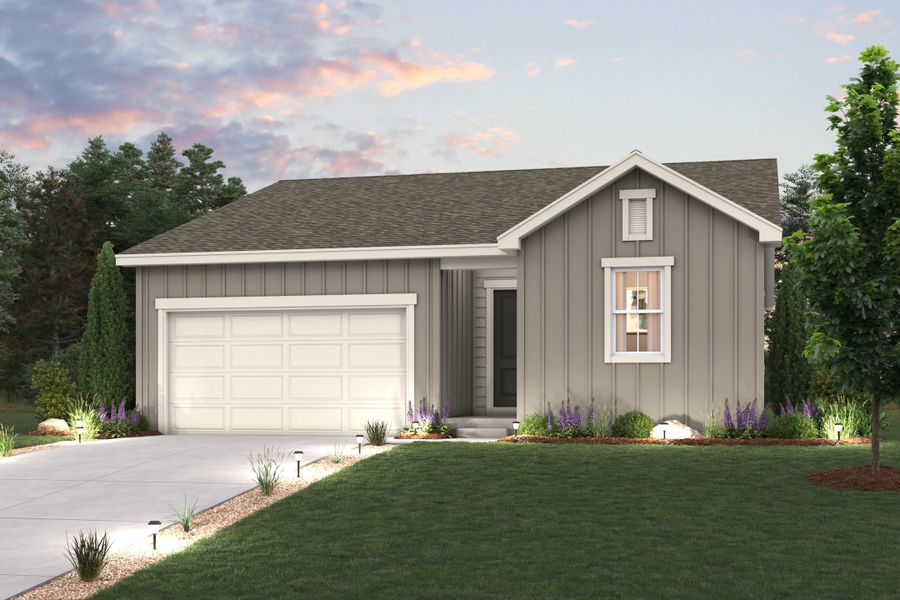 Cimarron Elevation A rendering with landscaping, garage, driveway and exterior paint colors Cimarron Elevation A rendering with landscaping, garage, driveway and exterior paint colors