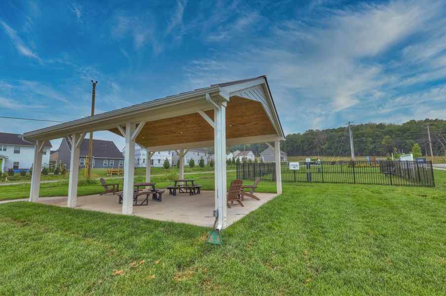 Helmsley Place 55+ Townhomes offers community amenities including a covered pavilion and dog park.