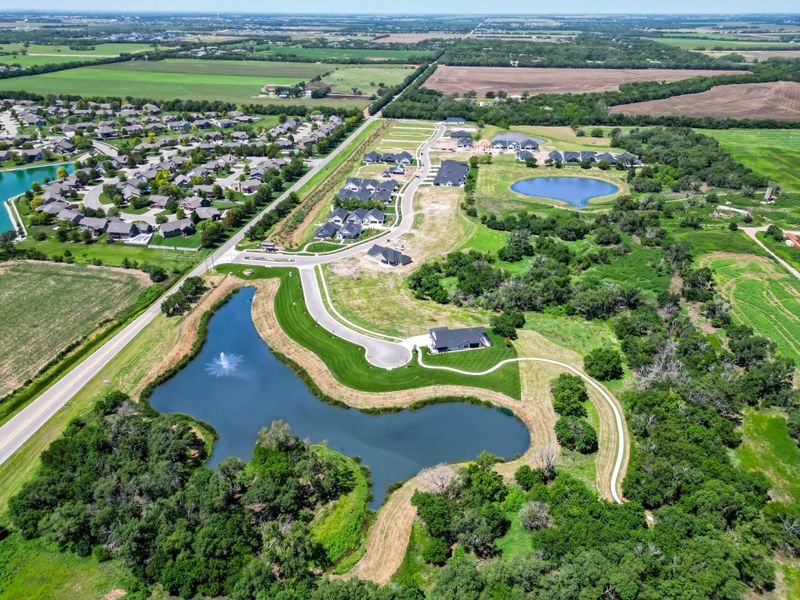 Aerial view of the The Courtyards at Jacobs Farm community in Wichita, KS, showing layout and nearby surroundings (Image 7). Aerial view of the The Courtyards at Jacobs Farm community in Wichita, KS, showing layout and nearby surroundings (Image 7).