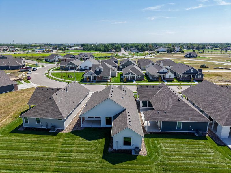 Aerial view of the The Courtyards at Cornerstone community in Andover, KS, showing layout and nearby surroundings (Image 7). Aerial view of the The Courtyards at Cornerstone community in Andover, KS, showing layout and nearby surroundings (Image 7).