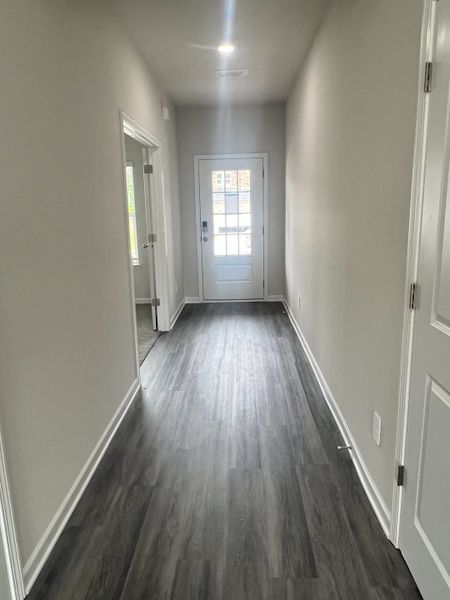 A sleek hallway with dark wood flooring and soft gray walls, leading to a modern interior door. A sleek hallway with dark wood flooring and soft gray walls, leading to a modern interior door.