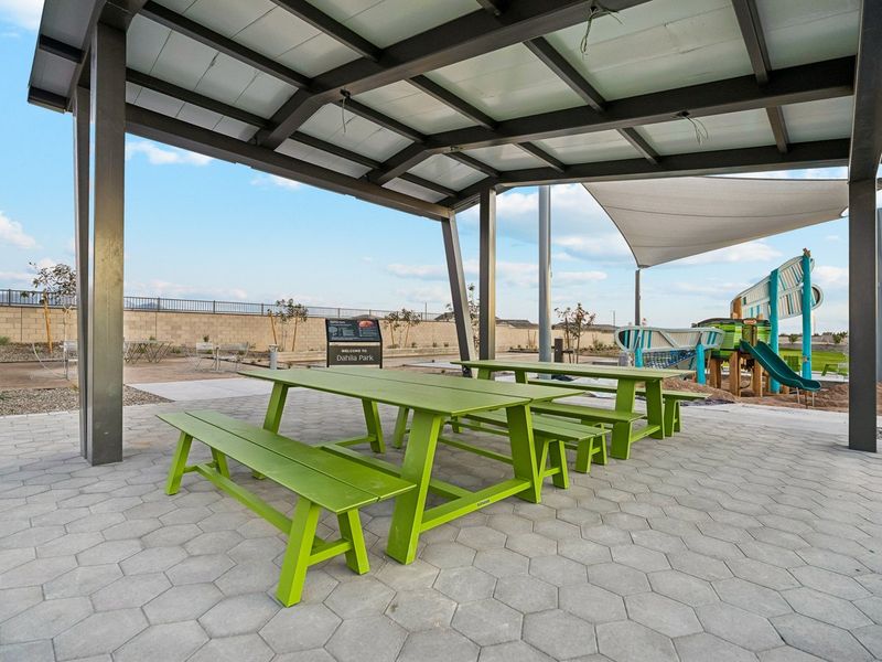 A group of green tables. A group of green tables.