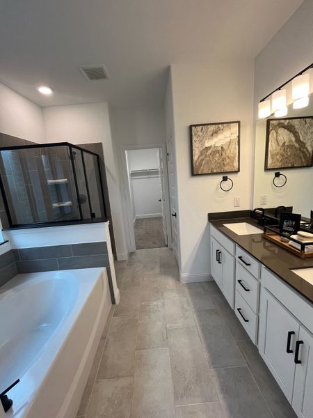 Elegant bathroom with a sleek bathtub, glass shower, dual sinks, and modern decor accents. Elegant bathroom with a sleek bathtub, glass shower, dual sinks, and modern decor accents.