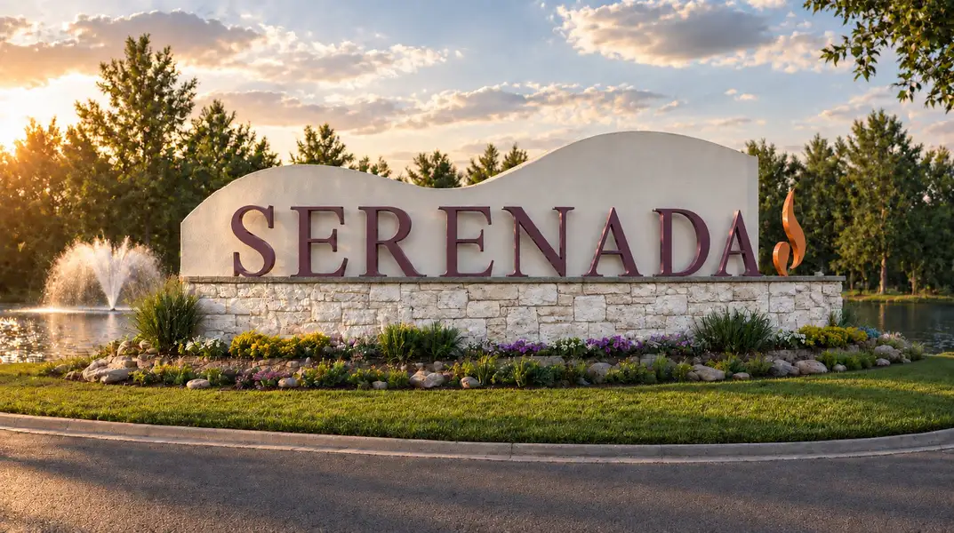 Entrance to the Serenada community in Brookshire, TX, featuring signage and landscaping (Image 1). Entrance to the Serenada community in Brookshire, TX, featuring signage and landscaping (Image 1).