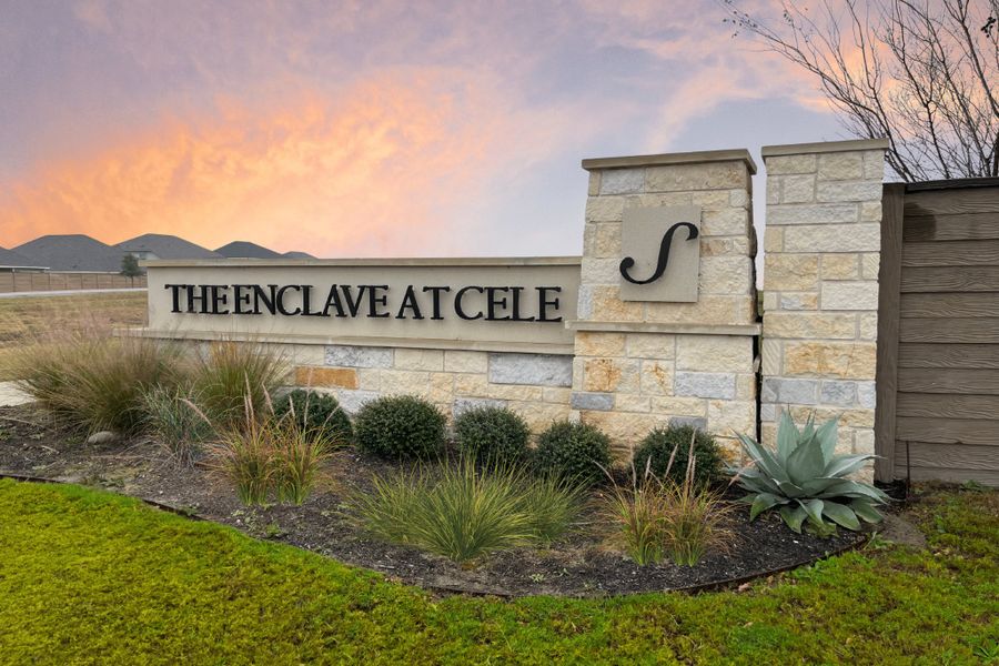 Entrance to the Enclave At Cele community in Pflugerville, TX, featuring signage and landscaping (Image 2).