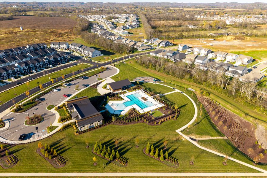 Aerial view of the Nexus Townhomes community in Gallatin, TN, showing layout and nearby surroundings (Image 1).