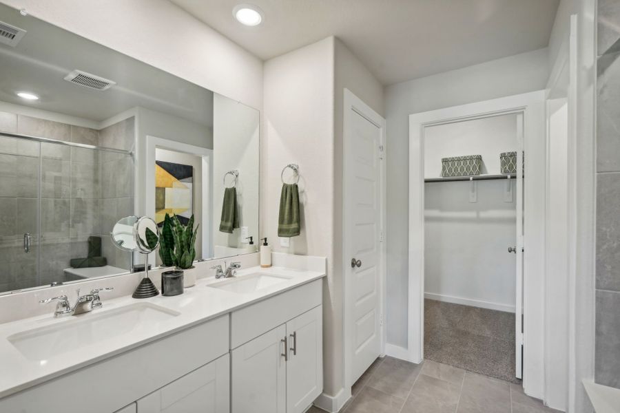 Primary bathroom of 16210 Aspen Crest Drive at Mavera, a Meritage Homes community in Conroe, Texas.