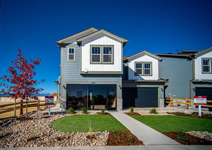 Front exterior of a home in the Aspen Meadows – Townhomes community, located in Colorado Springs, CO (Image 2). Front exterior of a home in the Aspen Meadows – Townhomes community, located in Colorado Springs, CO (Image 2).