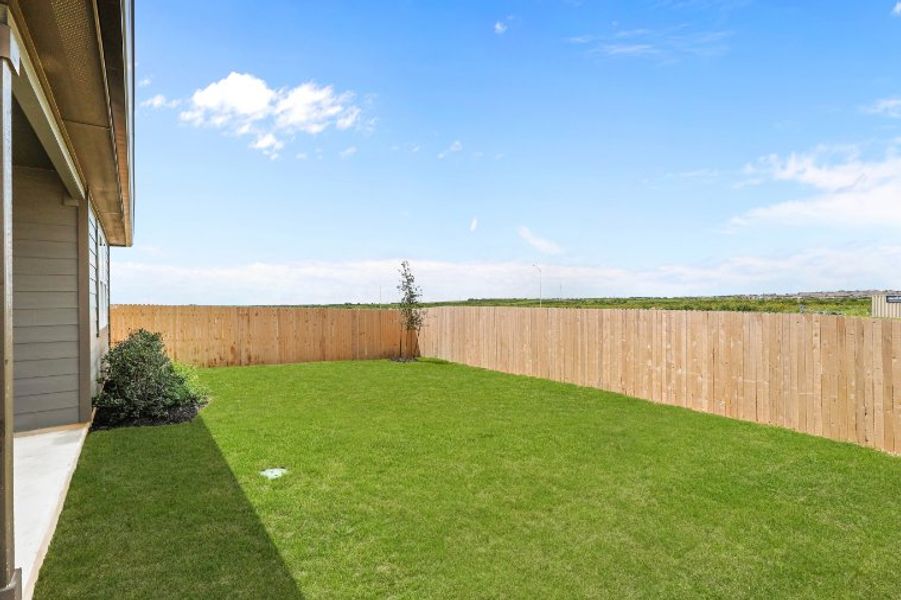 A fenced yard with a wood fence and a tree.