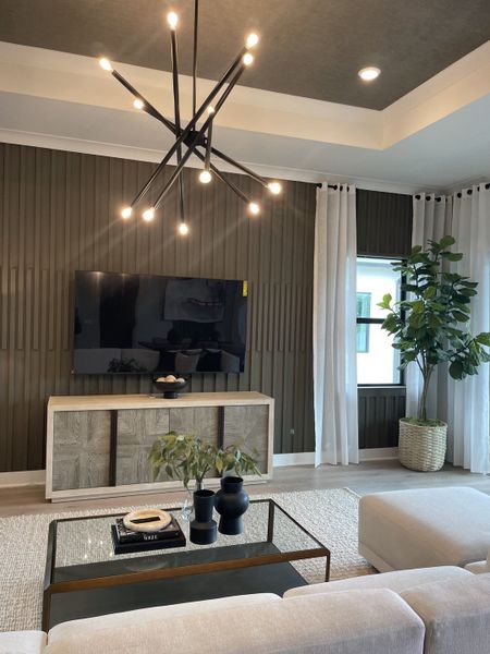 A modern living room with textured walls, a sleek TV unit, stylish lighting, and lush greenery for a chic, inviting atmosphere.