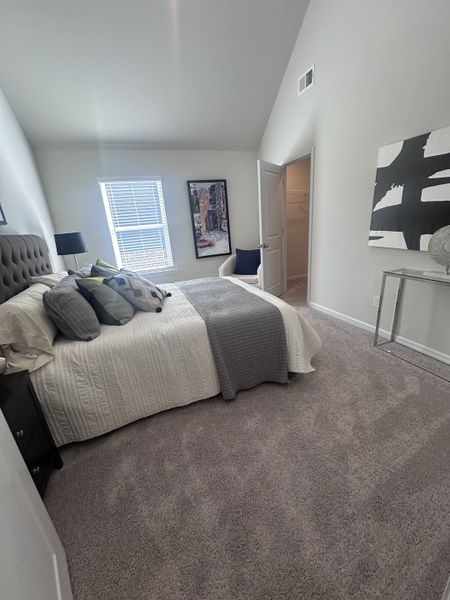 A cozy bedroom featuring a tufted bed, abstract art, plush carpet, and a walk-in closet for ample storage space.