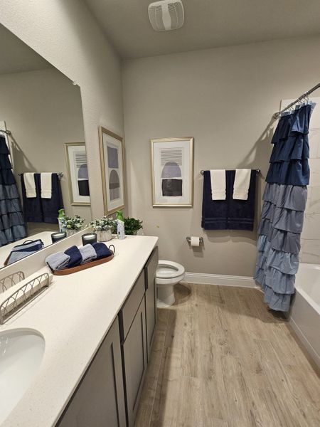 A modern bathroom with wooden floors, a sleek vanity, and blue ruffled shower curtain, enhanced by elegant decor. A modern bathroom with wooden floors, a sleek vanity, and blue ruffled shower curtain, enhanced by elegant decor.