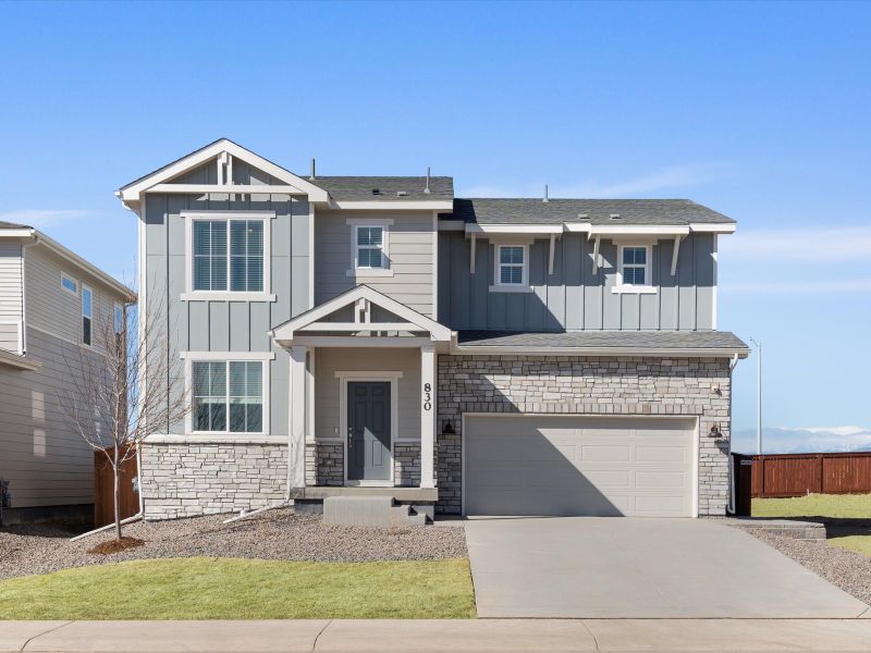 The Monarch floorplan exterior image taken at a Meritage Homes community in Johnstown, CO. The Monarch floorplan exterior image taken at a Meritage Homes community in Johnstown, CO.