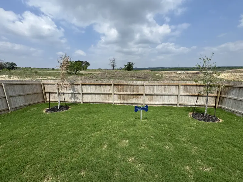 Lush fenced backyard with trees and open views in Kyndwood: Eventide Collection by Lennar (New Braunfels, TX). Lush fenced backyard with trees and open views in Kyndwood: Eventide Collection by Lennar (New Braunfels, TX).