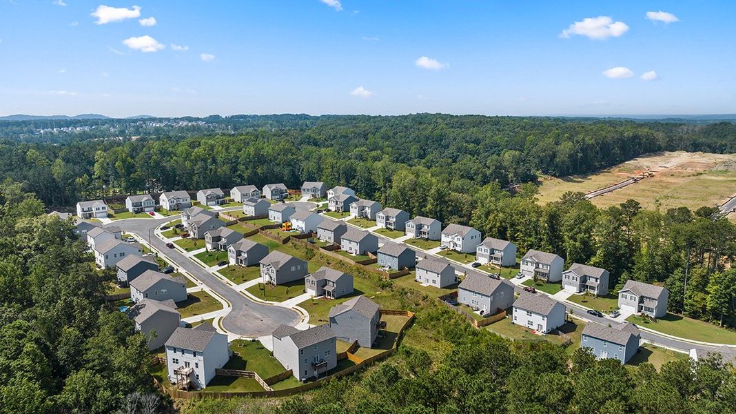 Aerial view of the Aurora Creek community in Dallas, GA, showing layout and nearby surroundings (Image 14).