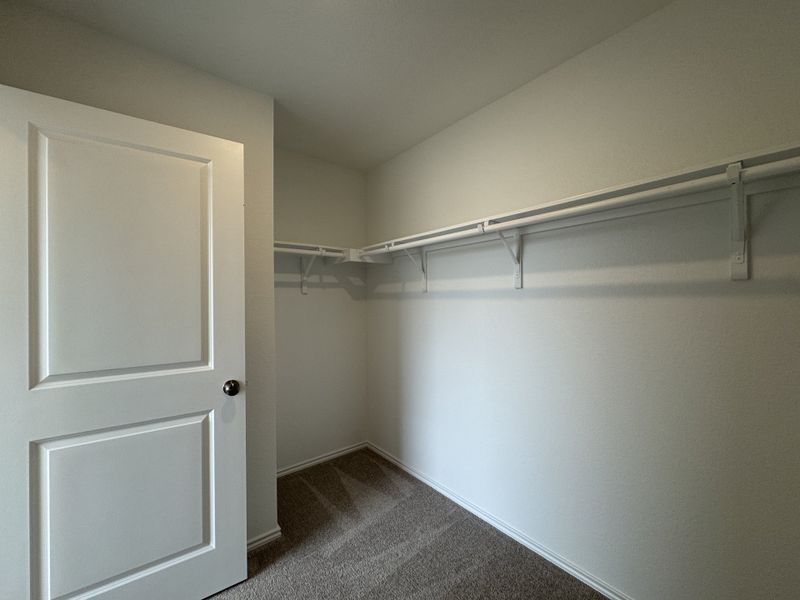 A spacious walk-in closet featuring open shelving and soft carpet flooring, perfect for organized storage.