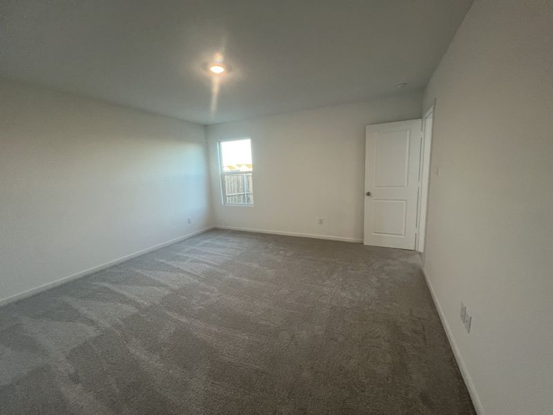 A spacious bedroom with plush carpeting, neutral walls, and abundant natural light filtering through a single window.
