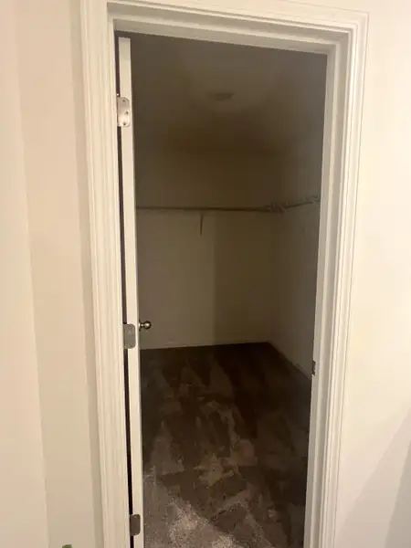 A spacious walk-in closet with plush carpeting and ample hanging space.