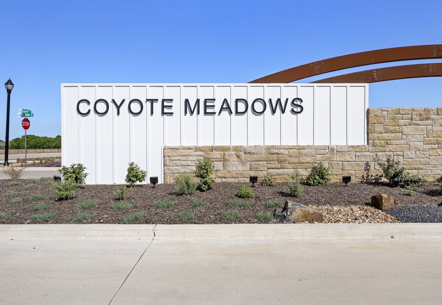 Entrance to the Coyote Meadows community in Anna, TX, featuring signage and landscaping (Image 2). Entrance to the Coyote Meadows community in Anna, TX, featuring signage and landscaping (Image 2).