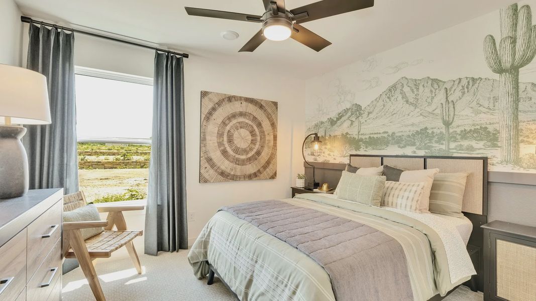 Discover elegance in this Hunters Glen bedroom, featuring a stunning mountain mural and sleek fan. Discover elegance in this Hunters Glen bedroom, featuring a stunning mountain mural and sleek fan.
