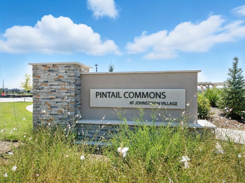 Entrance to the Pintail Commons at Johnstown Village community in Johnstown, CO, featuring signage and landscaping (Image 2). Entrance to the Pintail Commons at Johnstown Village community in Johnstown, CO, featuring signage and landscaping (Image 2).