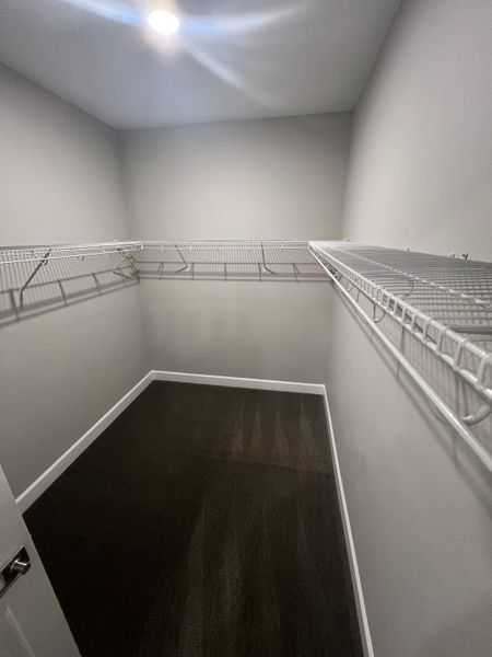 A spacious walk-in closet features sleek wire shelving and soft carpet, providing ample storage in a modern setting.