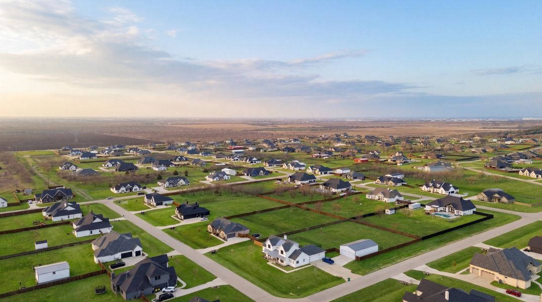 Aerial view of the Jordan Meadows community in Midlothian, TX, showing layout and nearby surroundings (Image 1). Aerial view of the Jordan Meadows community in Midlothian, TX, showing layout and nearby surroundings (Image 1).