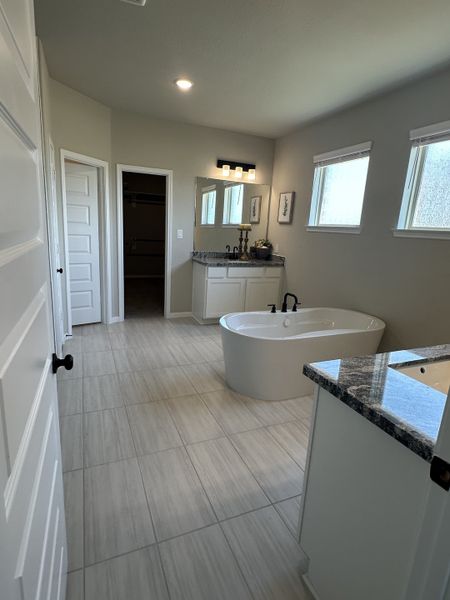 A spacious bathroom featuring a sleek freestanding tub, elegant granite counters, and ample natural light.