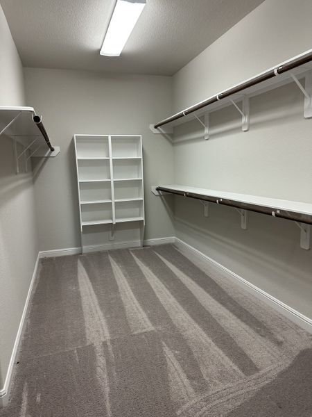 A spacious walk-in closet featuring ample shelving and hanging space with modern lighting. A spacious walk-in closet featuring ample shelving and hanging space with modern lighting.