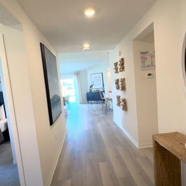 A bright, inviting hallway with modern decor and light wood flooring leading to an open living space.