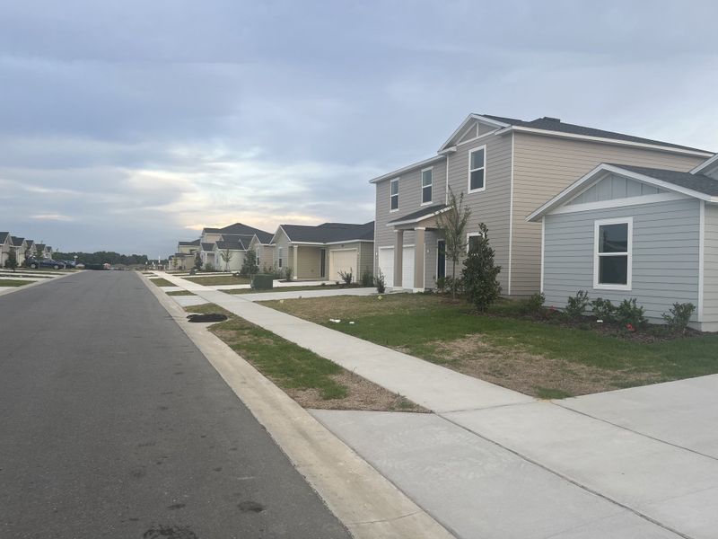 A beautiful residential street with modern homes in Marion Ranch: Marion Ranch 40's by Lennar (Ocala, FL).