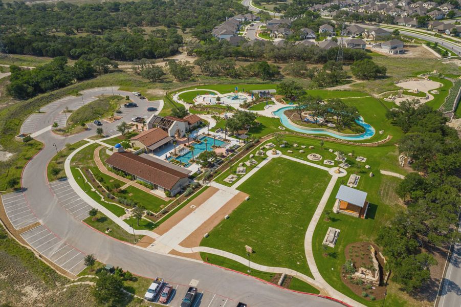 Aerial view of the Esperanza 50's community in Boerne, TX, showing layout and nearby surroundings (Image 13). Aerial view of the Esperanza 50's community in Boerne, TX, showing layout and nearby surroundings (Image 13).