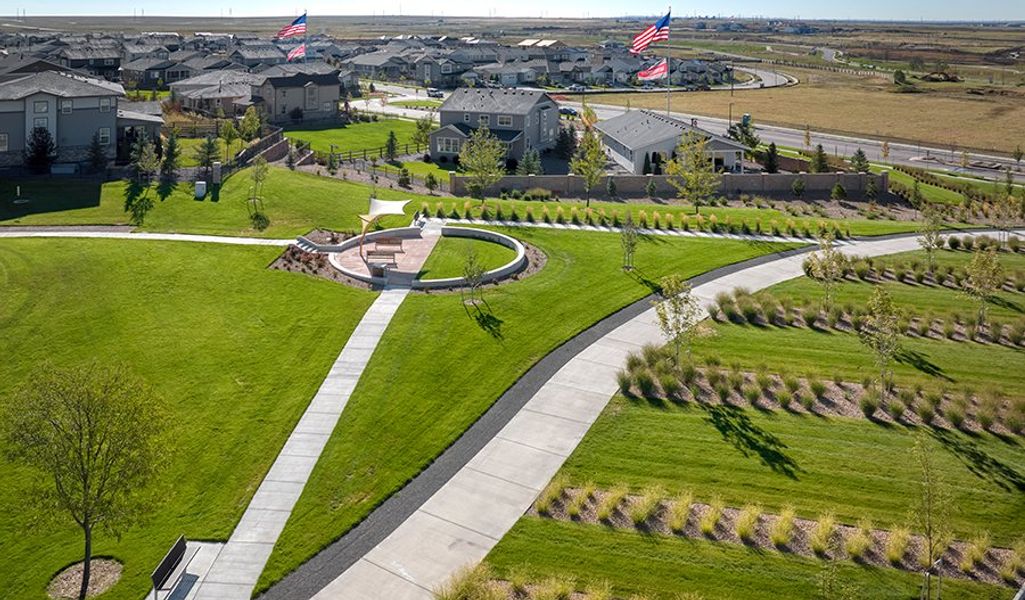 Aerial view of the The Bend at The Aurora Highlands community in Aurora, CO, showing layout and nearby surroundings (Image 8).