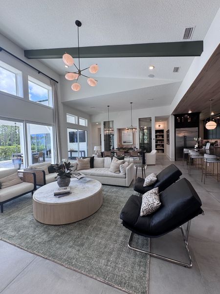 A spacious living area with modern furniture, natural light, stylish lighting, and cozy seating for a welcoming atmosphere.