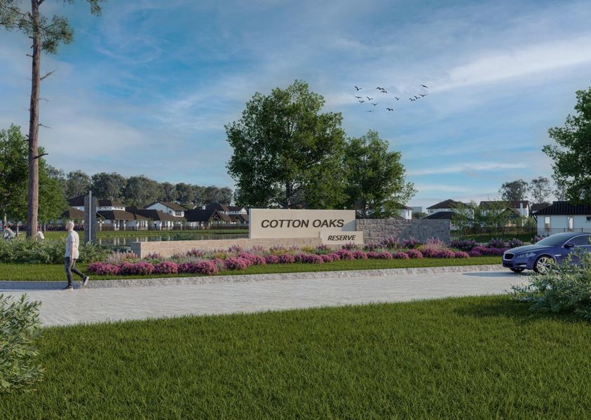 Entrance to the Cotton Oaks community in The Woodlands, TX, featuring signage and landscaping (Image 2). Entrance to the Cotton Oaks community in The Woodlands, TX, featuring signage and landscaping (Image 2).