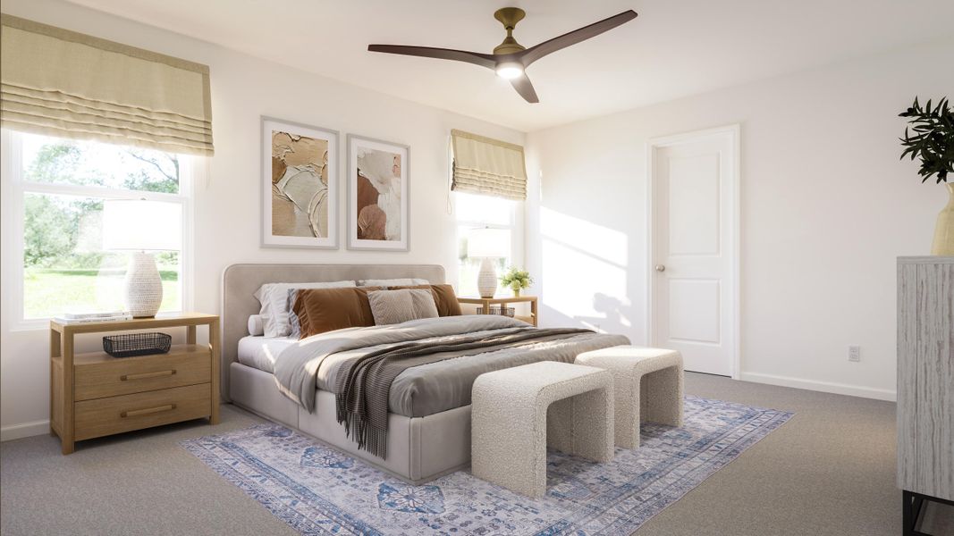 A bedroom with a bed and a rug. A bedroom with a bed and a rug.