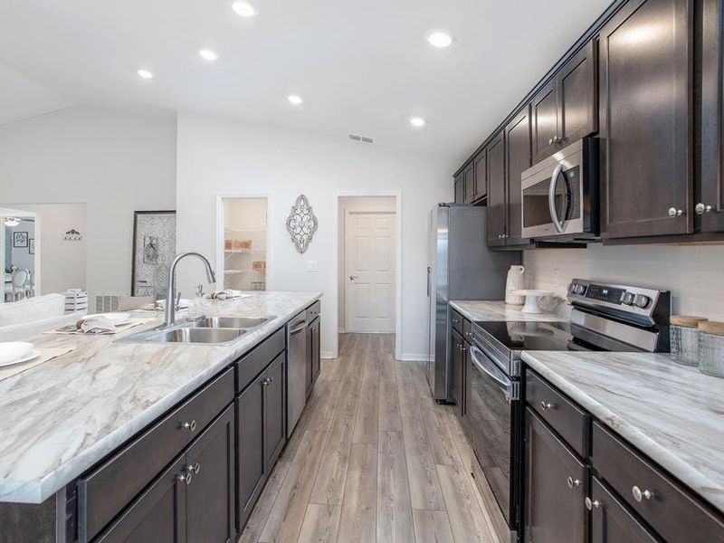 Your new kitchen includes 36-inch cabinets, Samsung SS appliances, and a walk-in pantry - Raychel model home in Mulberry, FL Your new kitchen includes 36-inch cabinets, Samsung SS appliances, and a walk-in pantry - Raychel model home in Mulberry, FL