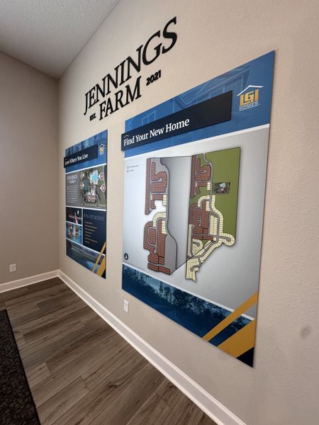 A welcoming layout board featuring Jennings Farm by LGI Homes, highlighting community plans and attractions (Middleburg, FL).