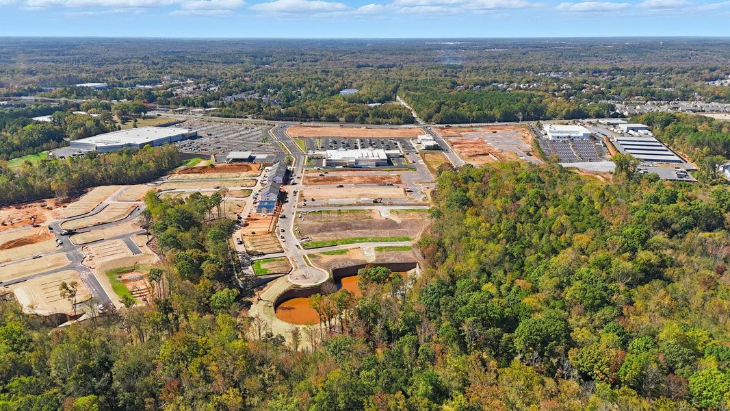 Aerial view of the Terraces at the Exchange community in Indian Land, SC, showing layout and nearby surroundings (Image 11). Aerial view of the Terraces at the Exchange community in Indian Land, SC, showing layout and nearby surroundings (Image 11).
