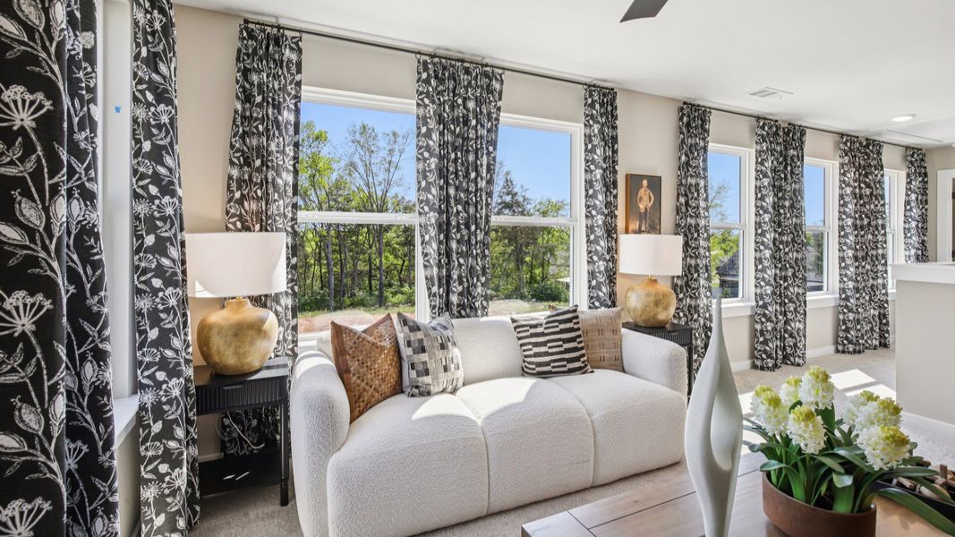 Loft area surrounded by large windows, allowing for tons of natural light in the home