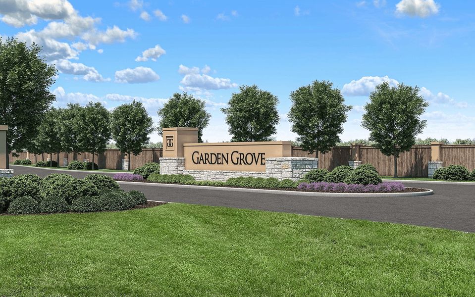 Entrance to the Garden Grove community in San Antonio, TX, featuring signage and landscaping (Image 1). Entrance to the Garden Grove community in San Antonio, TX, featuring signage and landscaping (Image 1).