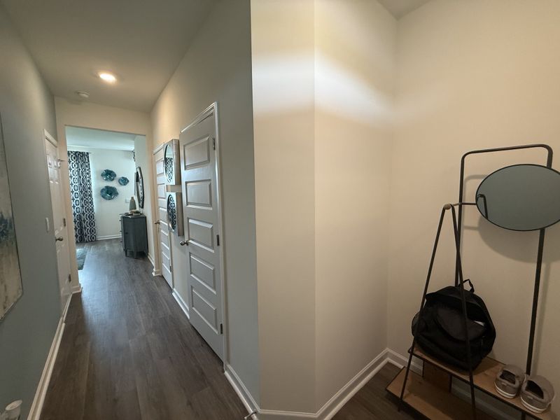 A welcoming hallway with wood flooring, modern decor, and ample lighting leading to a stylish living space.