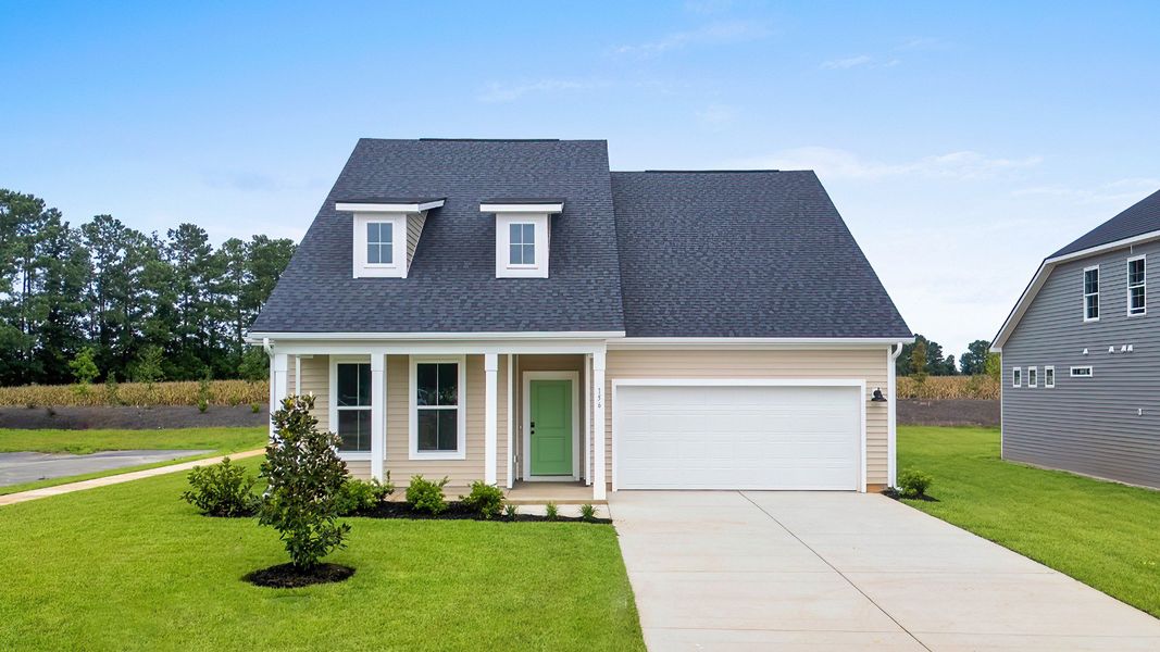 Avondale exterior floorplan in Chestnut Farms by DRB Homes offering a porch in the front and a two-car garage